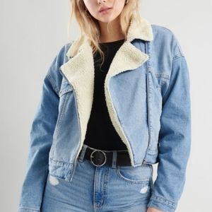 Garage Sherpa Fur Denim Aviator Crop Jacket
